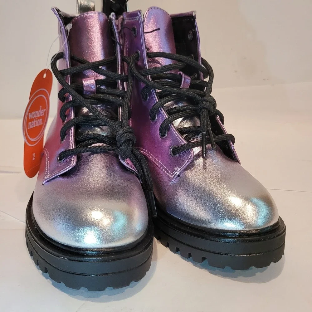 Wonder Nation Kids Unisex Combat Boots Iridescent Purple Silver Size 2 New‎